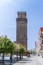 Nysa, Poland - May 1, 2022: ZiÃâ¢bice Tower. Medieval gate tower. A gothic building made of red bricks. The view from BolesaÃâawa